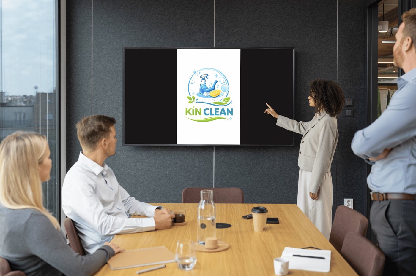 Salle de réunion impeccable avec le logo KIN CLEAN à l'écran